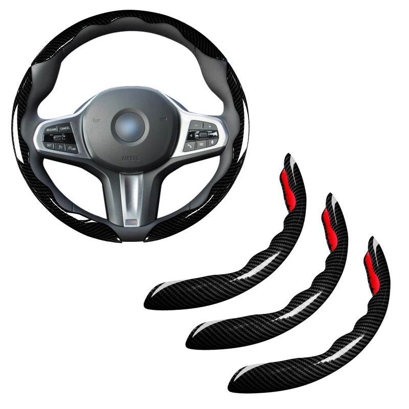 Aotoyou Car Steering Wheel Cover Set Bright Carbon Fiber Wrap Non-Slip 3pcs Steering Wheel Accessories 14.5-15 inch Universal (Black) - Image 1